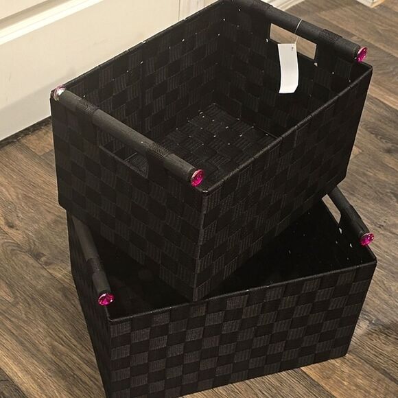 At Home Woven Storage Basket w/Iridescent Pink Knob Handles - Picture 3 of 7